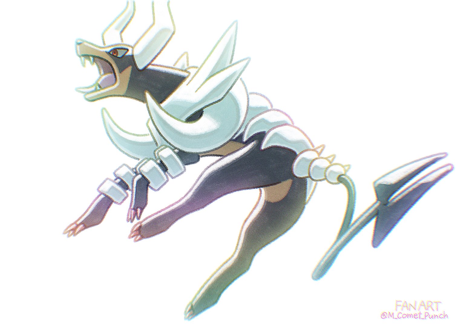 komepan, houndoom, mega houndoom, nintendo, pokemon, claws, fangs, gen 2 pokemon, horns, mega pokemon, no humans, open mouth, pokemon (creature), pokemon focus, red eyes, solo, tongue, twitter username, white background
