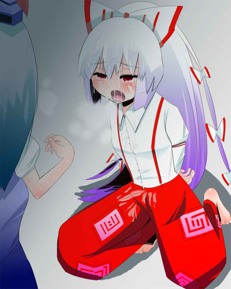 ipette-k, namahamu meron, fujiwara no mokou, kamishirasawa keine, touhou, bad id, bad pixiv id, 2girls, blouse, blush, bow, cum, cum in mouth, cum on body, facial, hair bow, long hair, multiple girls, multiple hair bows, shirt, simple background, tears, very long hair, white shirt