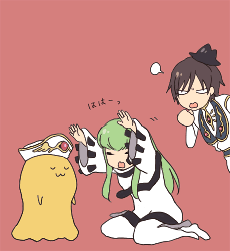 c.c., cheese-kun, lelouch vi britannia, code geass, pizza hut, lowres, 00s, 1boy, 1girl, black hair, green hair, hat, long hair, short hair