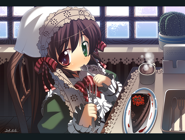 goriyaku, suiseiseki, rozen maiden, 00s, 1girl, brown hair, cactus, cake, chair, cup, dated, female focus, food, fork, green eyes, headscarf, heterochromia, letterboxed, long hair, mug, pastry, plate, red eyes, ribbon, sitting, solo, spoon, steam, table, tea, utensil in mouth, white headscarf
