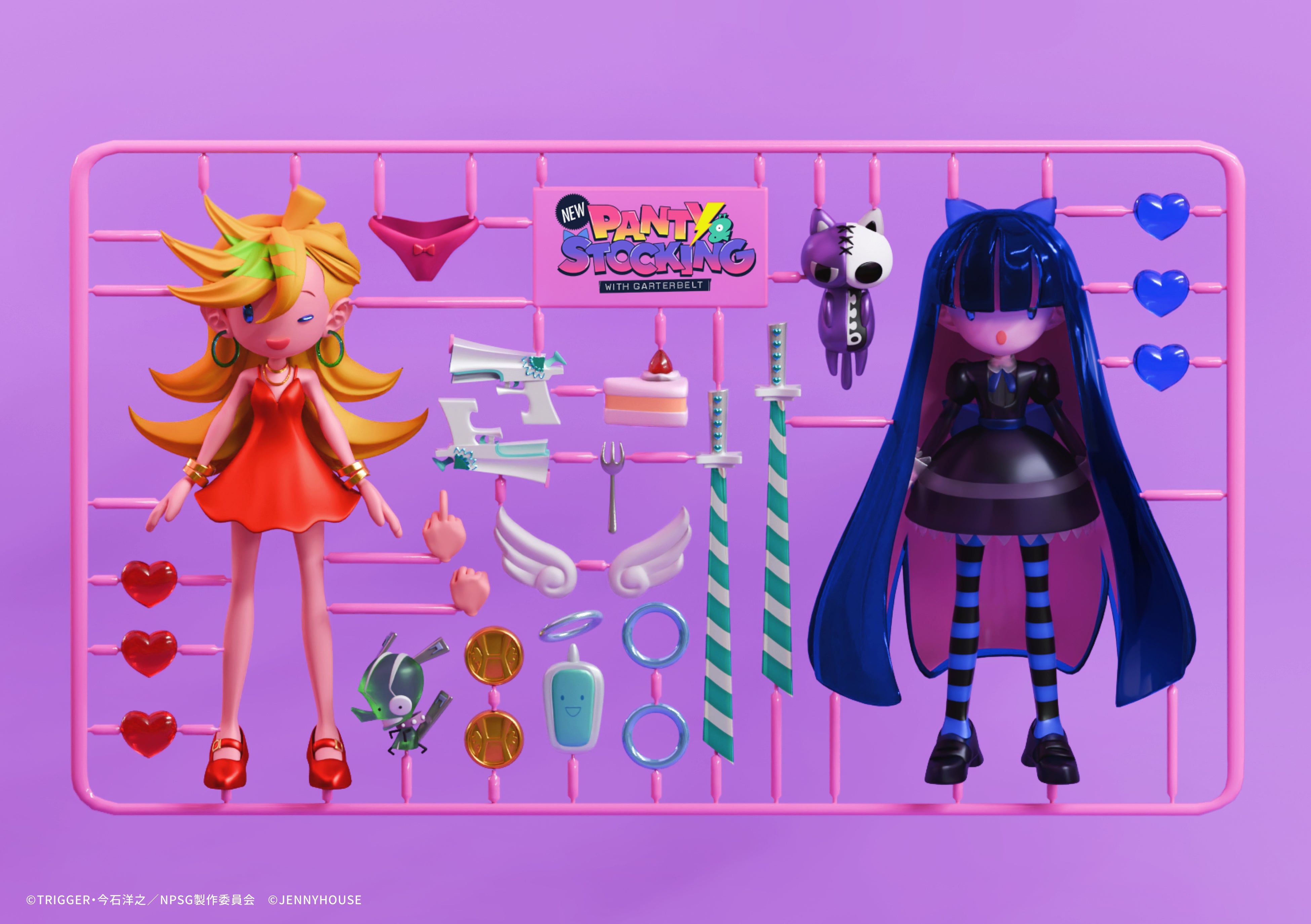 jenny kaori, chuck (psg), honekoneko (psg), panty (psg), stocking (psg), panty & stocking with garterbelt, trigger (company), shoe strap, absurdres, highres, official art, second-party source, 2girls, 3d, angel wings, aqua eyes, arms at sides, artist name, asymmetrical bangs, back bow, backlace (psg), bare arms, bare shoulders, black dress, black shoes, black thighhighs, blonde hair, blue bow, blue halo, blue ribbon, blue thighhighs, bow, bow panties, bracelet, bright pupils, cake, cellphone, character name, character profile, coin, collar, collared shirt, colored inner hair, company name, copyright name, copyright notice, detached wings, disembodied hand, dress, dress straps, earrings, english text, eyelashes, food, fork, full body, gold bracelet, gold necklace, goth fashion, gothic lolita, grey halo, gun, hair between eyes, hair bow, halo, heart, heaven coin, high heels, hoop earrings, horizontal-striped thighhighs, jewelry, juliet sleeves, katana, lace, lace-trimmed dress, lace trim, legs apart, loafers, logo, lolita fashion, long bangs, long hair, long sleeves, looking at viewer, makeup, middle finger, multicolored hair, multiple girls, nail polish, neck ribbon, necklace, one eye closed, open mouth, panties, parted hair, partially shaded face, peter pan collar, phone, pink hair, puffy sleeves, pumps, purple background, purple collar, purple hair, purple nails, purple tail, red dress, red nails, red panties, red shoes, ribbon, shirt, shoes, short dress, siblings, simple background, sisters, sleeveless, sleeveless dress, spaghetti strap, sprue, standing, stitches, strawberry shortcake, stripe i & ii (psg), striped clothes, striped shirt, striped thighhighs, stuffed animal, stuffed cat, stuffed toy, sword, teeth, thighhighs, toy, two-tone hair, two-tone thighhighs, undershirt, underwear, unworn panties, very long hair, waist bow, weapon, white shirt, white sleeve cuffs, white wings, wings, zipper
