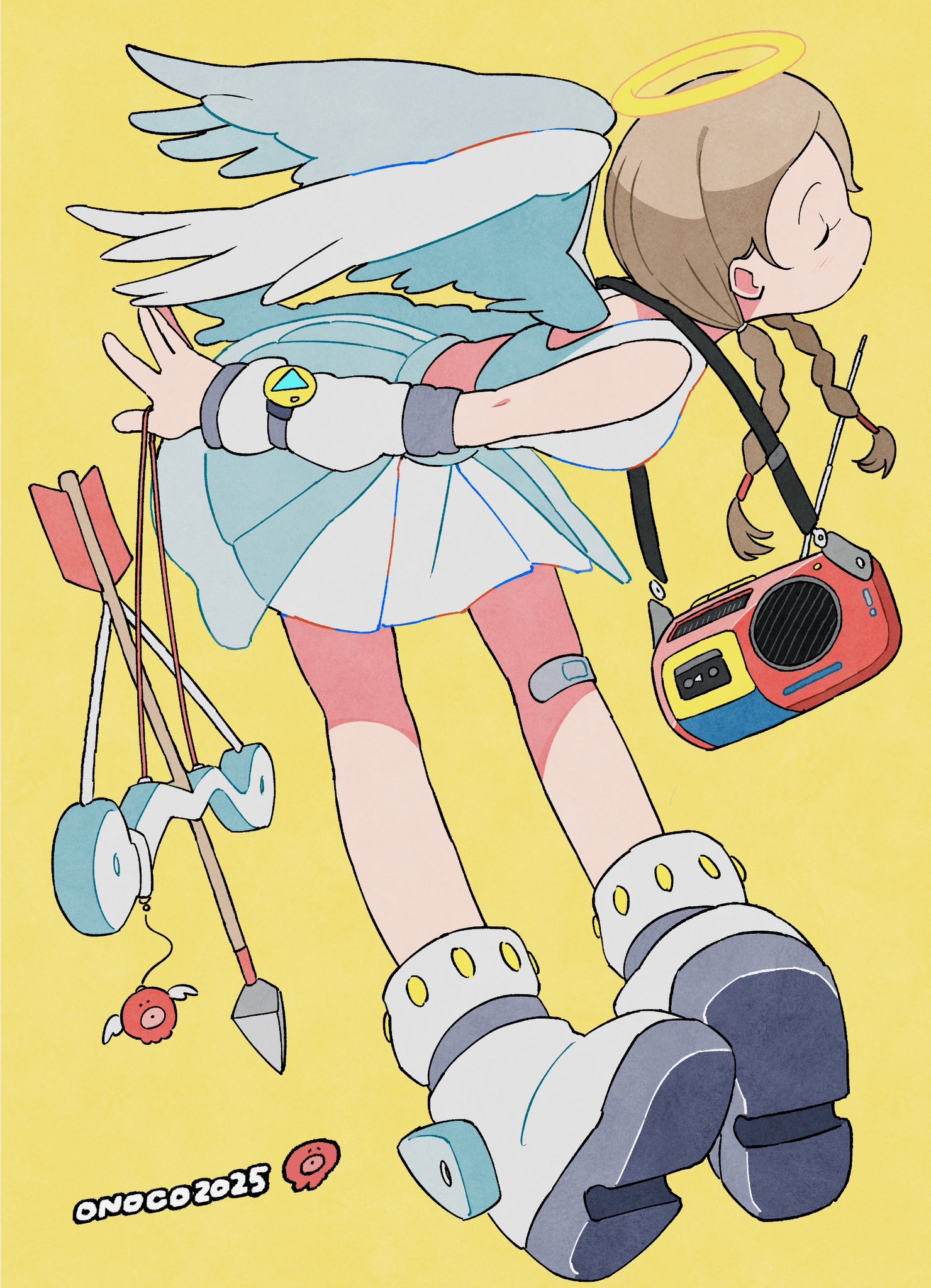 onoconokoko0625, flying nimbus, original, highres, 1girl, angel, angel wings, arrow (projectile), artist name, bare shoulders, boots, bow (weapon), brown hair, closed eyes, crop top, detached sleeves, full body, radio, radio antenna, shoe soles, simple background, skirt, solo, tank top, weapon, white boots, white skirt, white tank top, wings, yellow background