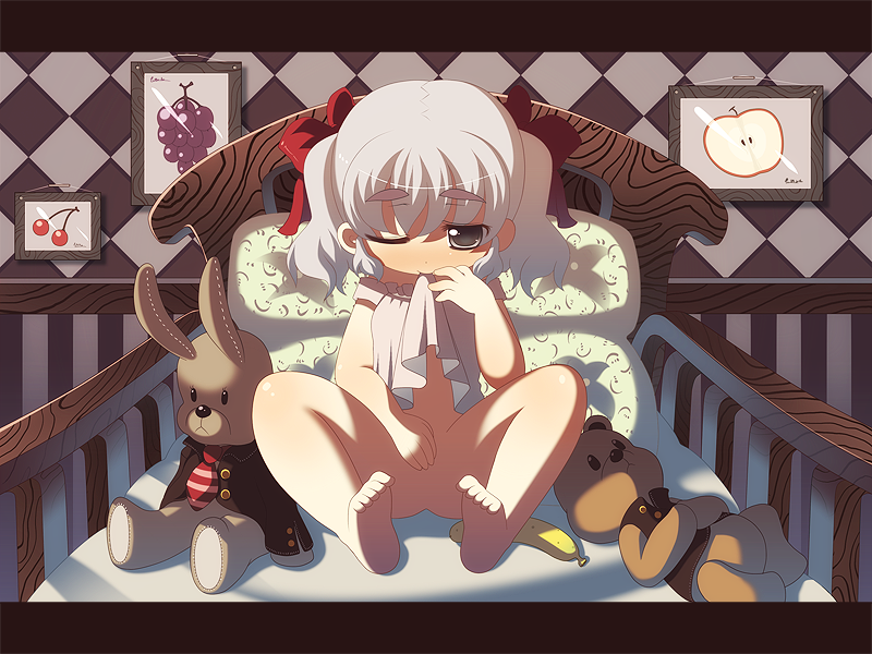 goriyaku, character request, barefoot, crib, feet, loli, nude, one eye closed, ribbon, soles, solo, stuffed animal, stuffed toy, teddy bear, twintails, wink