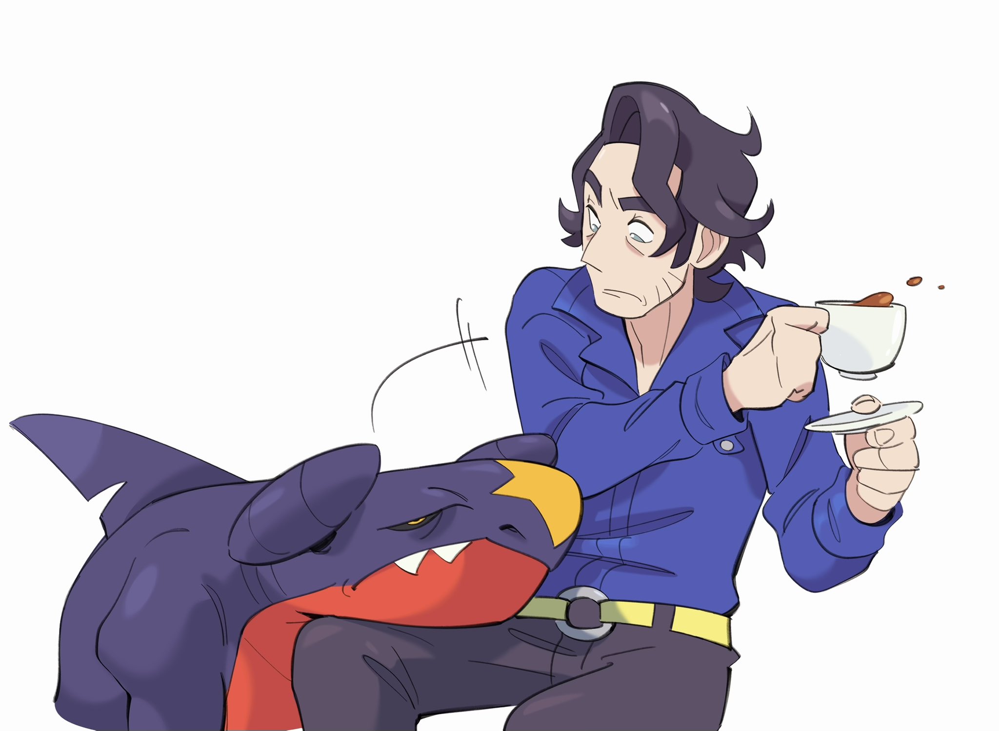 lynn (daisiloou), garchomp, professor sycamore, nintendo, pokemon, pokemon xy, commentary, highres, 1boy, belt, black hair, blue shirt, closed mouth, collared shirt, cup, facial hair, gen 4 pokemon, holding, holding cup, holding saucer, lap pillow, long sleeves, looking down, male focus, motion lines, pants, pokemon (creature), saucer, shirt, tea, teacup, white background, yellow belt