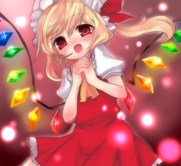yu (pixiv), yunomi (p-3-q), flandre scarlet, touhou, bad id, bad pixiv id, 1girl, blouse, blush, collared shirt, female focus, hat, mob cap, ponytail, ribbon, shirt, solo, white hat, white shirt, wings