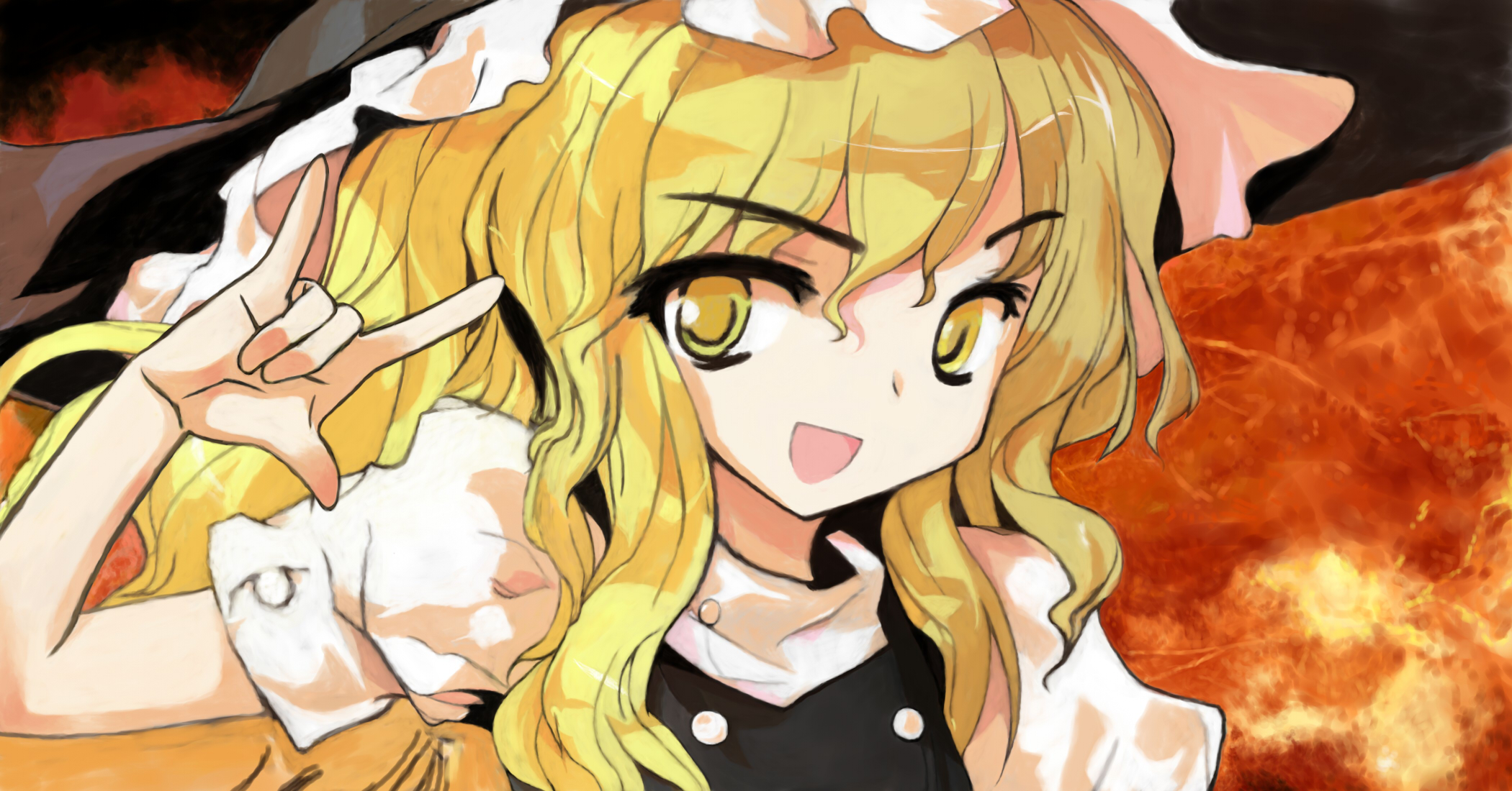 qingshi ruoye, saya no uta (artist), kirisame marisa, macross, macross frontier, touhou, bad id, bad pixiv id, highres, 1girl, m/, alphes (style), blonde hair, female focus, hat, long hair, parody, ribbon, saya nouta, seikan hikou, solo, style parody