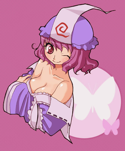 midori (green tea), midori (pixiv), saigyouji yuyuko, touhou, bad id, bad pixiv id, 1girl, female focus, ghost, hat, japanese clothes, kimono, pink hair, short hair, solo