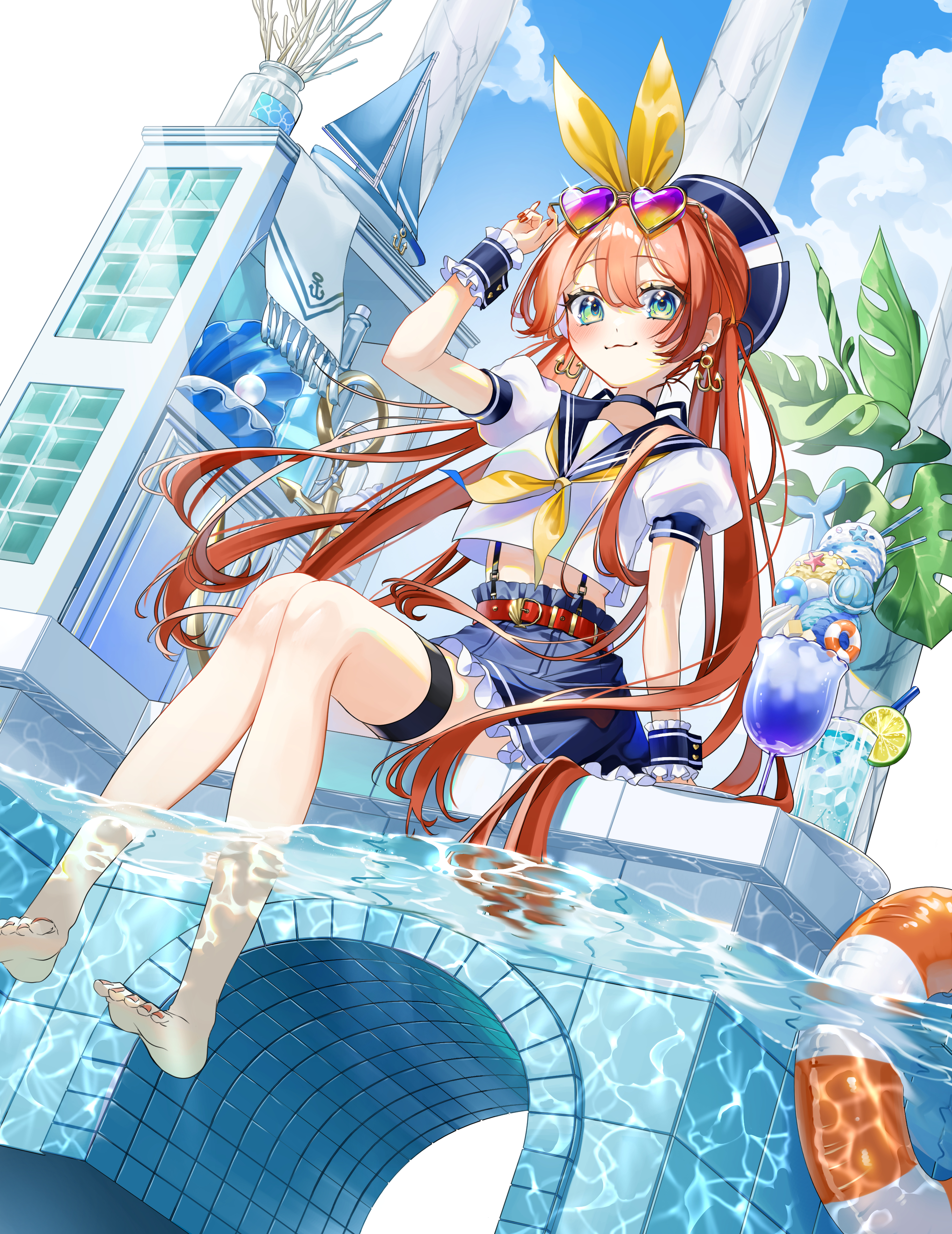 saika usagi, original, absurdres, commentary, english commentary, highres, 1girl, :3, arm up, barefoot, blue eyes, blue hat, blue sailor collar, blue skirt, blush, closed mouth, cloud, day, earrings, eyewear on head, frilled skirt, frilled wrist cuffs, frills, full body, hair ribbon, hat, heart, heart-shaped eyewear, jewelry, long hair, looking at viewer, nail polish, neckerchief, orange hair, outdoors, red nails, ribbon, sailor collar, school uniform, serafuku, shirt, short sleeves, sitting, skirt, smile, solo, sunglasses, thigh strap, twintails, white shirt, wrist cuffs, yellow neckerchief, yellow ribbon