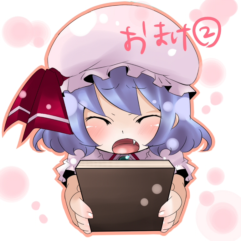 kozue, yukibina, remilia scarlet, touhou, bad id, bad pixiv id, 1girl, blue hair, closed eyes, fang, female focus, hat, ribbon, short hair, solo, upper body, white background