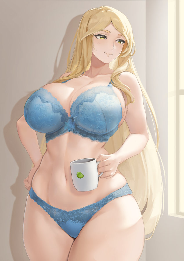 miyabinp, indomitable marie, last origin, commentary request, commission, skeb commission, 1girl, bare arms, bare shoulders, blonde hair, blue bra, blue panties, bra, breasts, closed mouth, collarbone, cowboy shot, cup, floral print, hand on own hip, hand up, holding, holding cup, huge breasts, indoors, long hair, looking ahead, looking to the side, mug, navel, panties, parted bangs, print bra, shadow, sidelocks, smile, solo, standing, stomach, underwear, underwear only, very long hair, window, yellow eyes