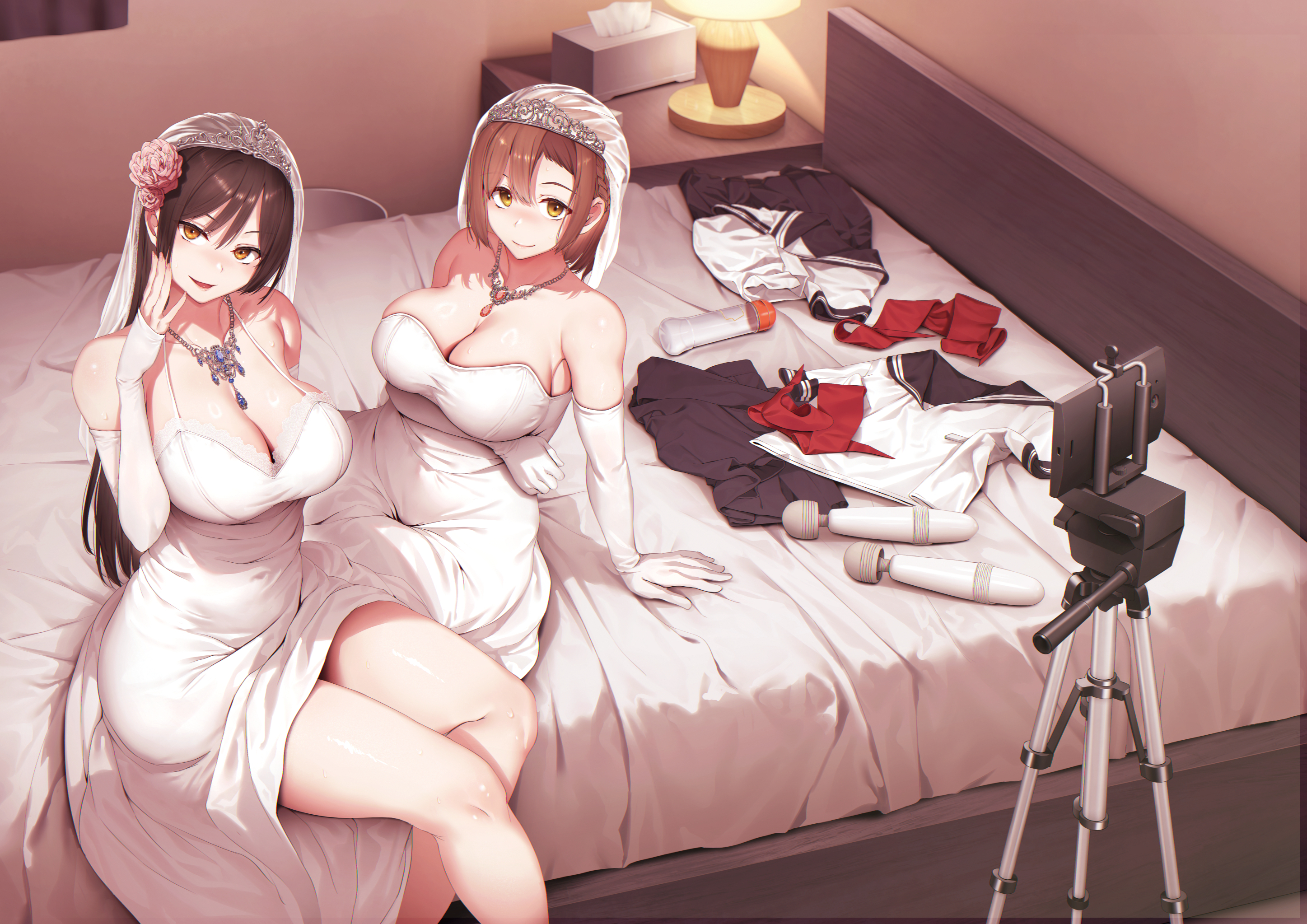 tachibana omina, original, commentary request, highres, 2girls, bare shoulders, bed, black sailor collar, black skirt, blush, breasts, bridal veil, brown hair, camera, cleavage, collarbone, cover image, covered navel, desk lamp, dress, elbow gloves, feet out of frame, fingernails, flower, gloves, hair between eyes, hair flower, hair ornament, hand up, hitachi magic wand, indoors, jewelry, lace, lace-trimmed dress, lace trim, lamp, large breasts, long hair, lube, medium hair, multiple girls, necklace, on bed, orange eyes, pink flower, sailor collar, school uniform, serafuku, sex toy, shirt, sitting, skirt, smile, thighs, tissue box, tripod, unworn shirt, unworn skirt, veil, vibrator, wedding dress, white dress, white gloves, white shirt, white veil