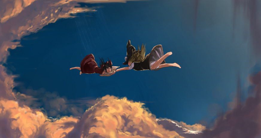 ryouma (galley), hakurei reimu, kirisame marisa, touhou, bad id, bad pixiv id, 2girls, barefoot, bloomers, cloud, dress, falling, female focus, flying, hat, japanese clothes, miko, multiple girls, outdoors, ribbon, sky, underwear