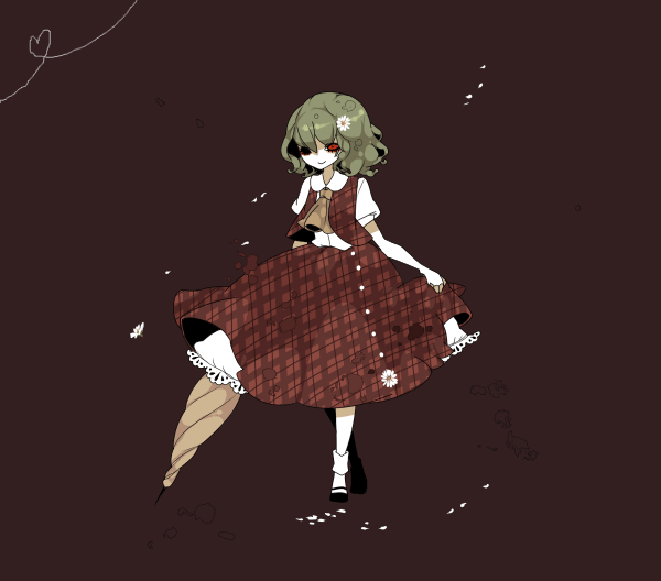 shikimi (yurakuru), kazami yuuka, touhou, 1girl, ascot, black background, closed umbrella, daisy (flower), dark, evil smile, female focus, flower, full body, green hair, hair flower, hair ornament, plaid clothes, plaid skirt, plaid vest, red eyes, short hair, skirt, skirt hold, skirt set, smile, solo, standing, standing on one leg, umbrella, unmoving pattern, vest, yurakuru pixiv81607