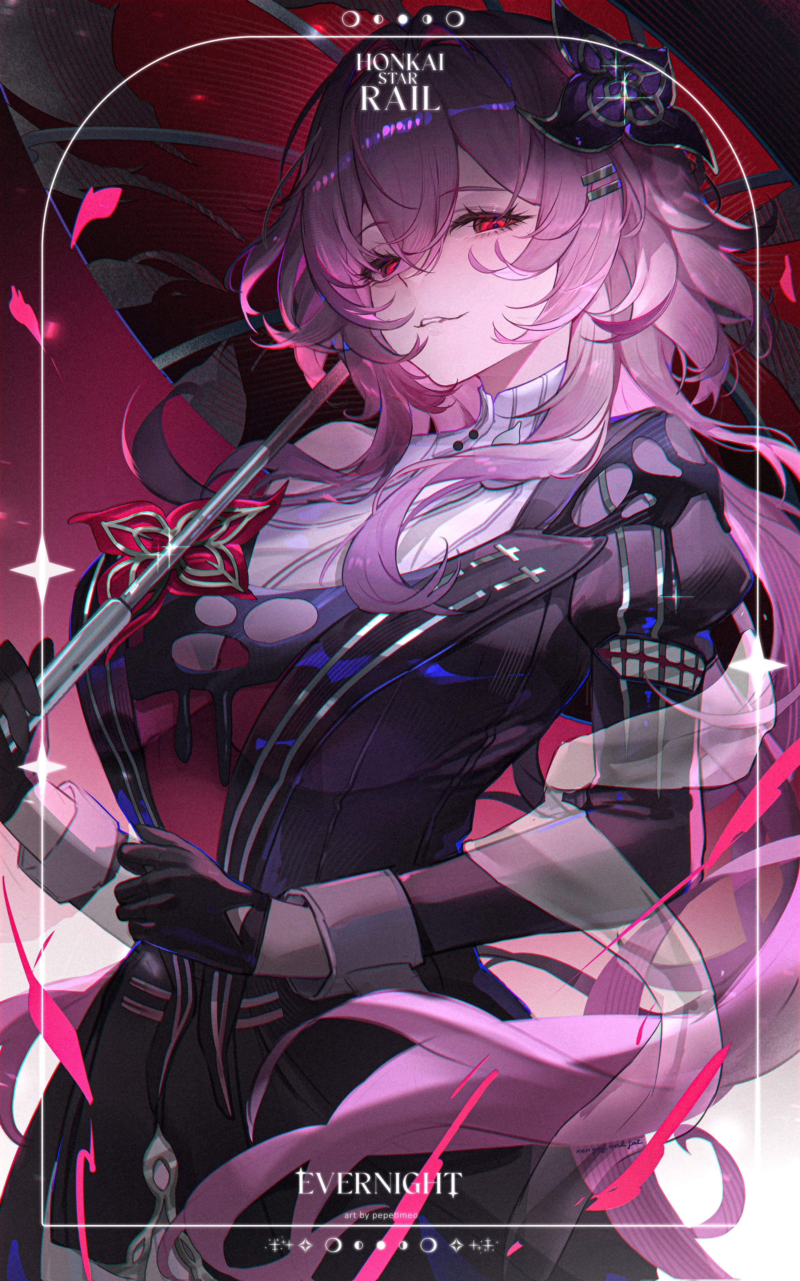 pepeti q, evernight (honkai: star rail), march 7th (honkai: star rail), honkai: star rail, honkai (series), absurdres, highres, 1girl, asymmetrical dress, black dress, black gloves, black umbrella, breasts, dress, flower, gloves, hair flower, hair ornament, half-closed eyes, holding, holding umbrella, large breasts, long hair, looking at viewer, parted lips, pink hair, red eyes, solo, umbrella, umbrella over shoulder