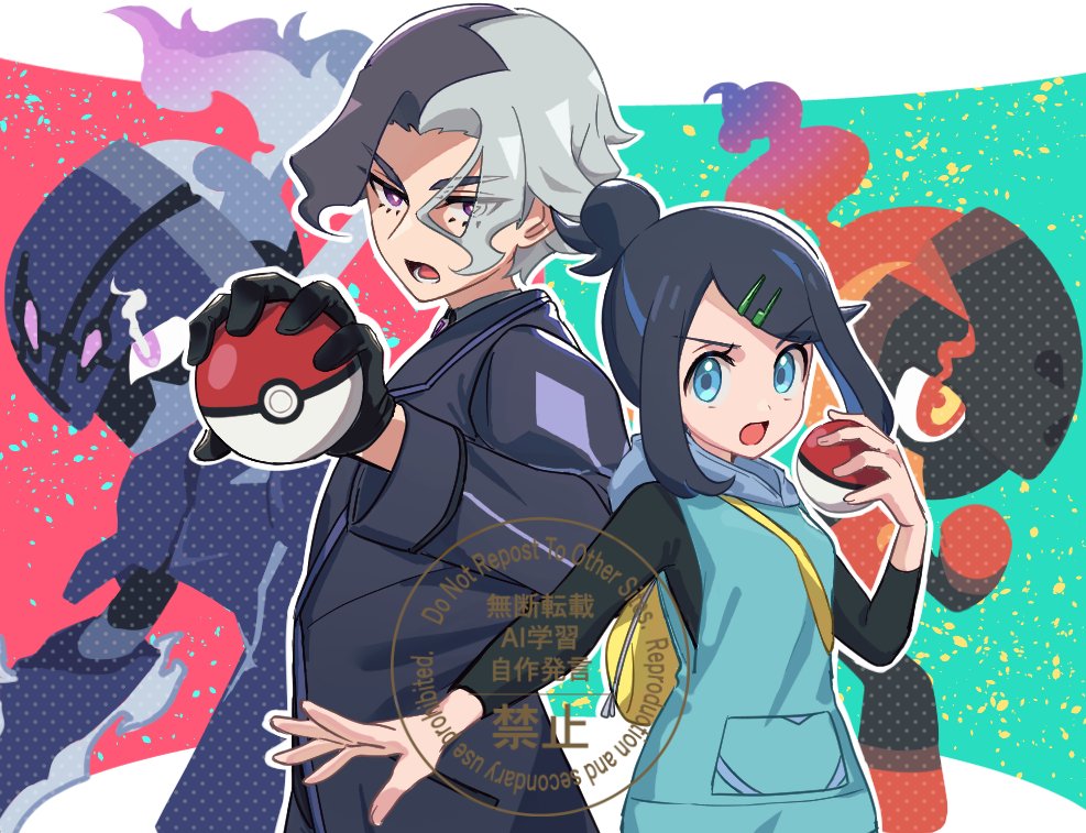 nm222, amethio (pokemon), ceruledge, charcadet, liko (pokemon), nintendo, pokemon, pokemon (anime), pokemon horizons, commentary request, 1boy, 1girl, black gloves, black hair, black shirt, bright pupils, eyelashes, gloves, hair bun, hair ornament, hairclip, hand up, holding, holding poke ball, hood, hood down, hooded vest, hoodie, jacket, long sleeves, looking at viewer, open mouth, outline, poke ball, poke ball (basic), purple eyes, shirt, short hair, sidelocks, swept bangs, vest, watermark, white pupils, yellow bag