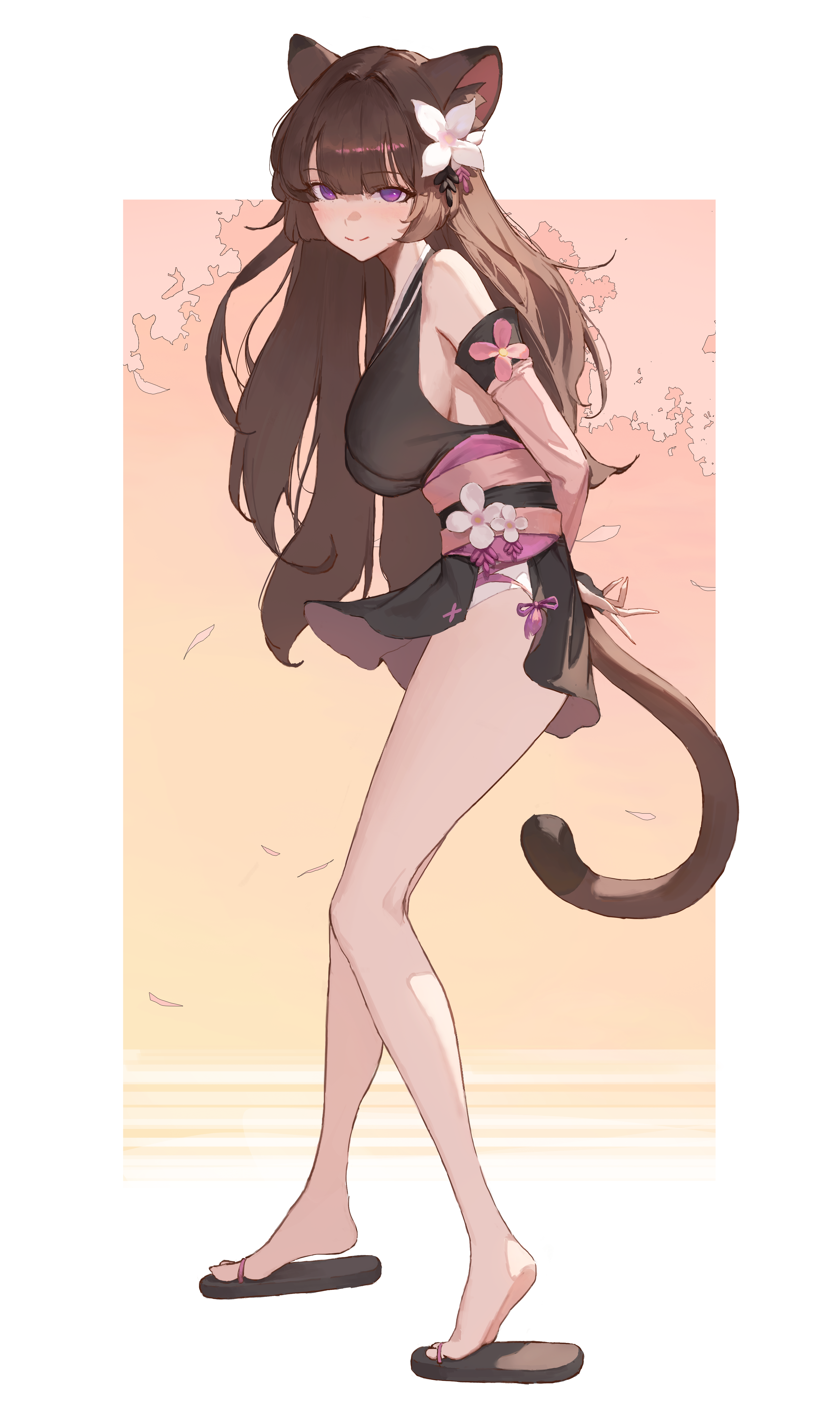 sib (9obsl), original, absurdres, commission, highres, second-party source, 1girl, animal ears, arms behind back, bare legs, bare shoulders, black kimono, breasts, brown hair, cat ears, cat girl, cat tail, closed mouth, detached sleeves, flower, from side, full body, hair flower, hair ornament, japanese clothes, kimono, large breasts, long hair, long sleeves, looking at viewer, obi, panties, panty peek, purple eyes, sash, short kimono, side slit, sleeveless, sleeveless kimono, slippers, smile, solo, standing, tail, thighs, underwear, very long hair, white flower, white panties