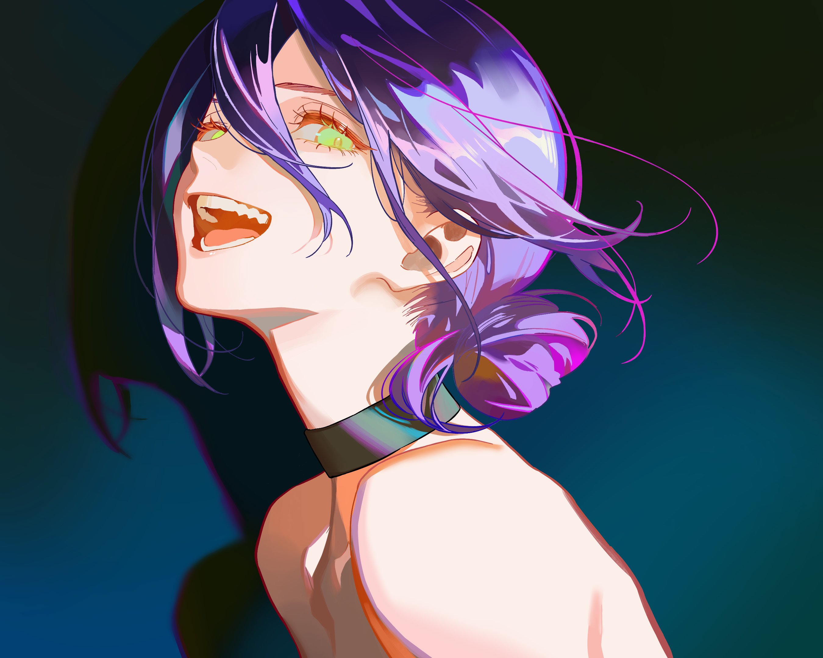 cherrymaru, reze (chainsaw man), chainsaw man, highres, 1girl, bare shoulders, black choker, blush, choker, green eyes, hair between eyes, hair bun, long bangs, long hair, open mouth, purple hair, short hair, solo, topless female, upper body