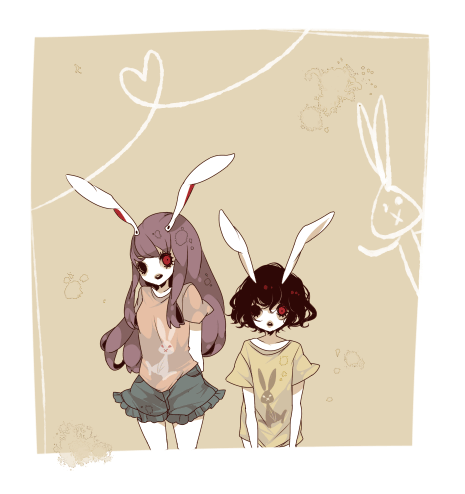 shikimi (yurakuru), inaba tewi, reisen udongein inaba, touhou, lowres, 2girls, animal ears, black hair, female focus, long hair, multiple girls, purple hair, rabbit ears, red eyes, short hair, standing, yurakuru pixiv81607