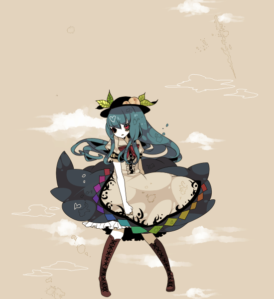 shikimi (yurakuru), hinanawi tenshi, touhou, 1girl, blue hair, female focus, food, fruit, full body, hat, long hair, peach, red eyes, solo, standing, yurakuru pixiv81607