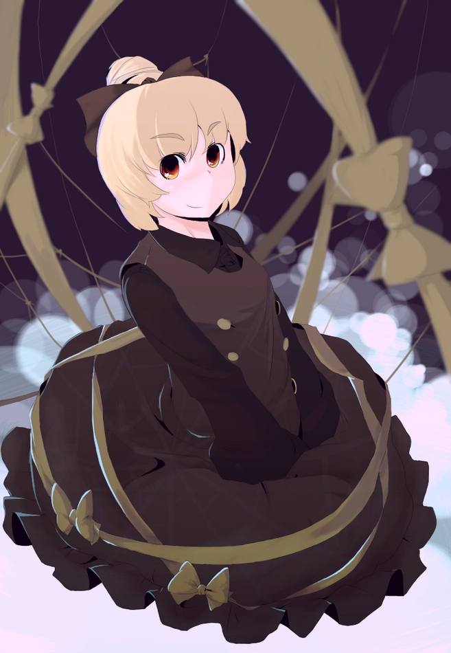 sacha, kurodani yamame, touhou, 1girl, blonde hair, female focus, ribbon, short hair, solo