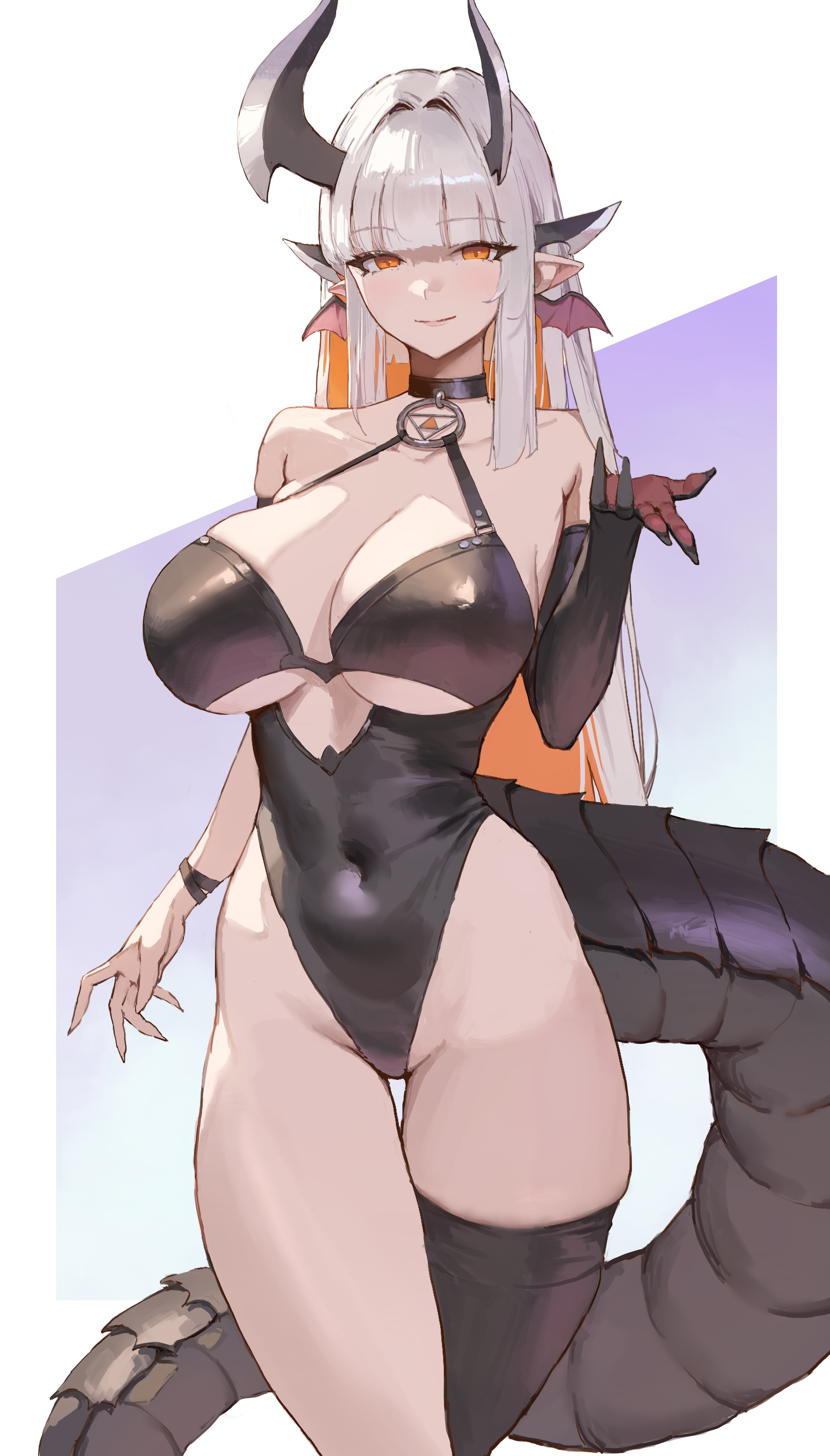 sib (9obsl), original, absurdres, commission, highres, second-party source, 1girl, bare shoulders, black choker, black gloves, black leotard, black thighhighs, blunt bangs, breasts, choker, cleavage, closed mouth, clothing cutout, covered navel, cowboy shot, dragon horns, dragon tail, elbow gloves, gloves, hand up, head wings, highleg, highleg leotard, horns, large breasts, leotard, long hair, looking at viewer, multicolored hair, orange eyes, orange hair, pointy ears, single elbow glove, single thighhigh, skindentation, smile, solo, tail, thigh gap, thighhighs, thighs, two-tone hair, underboob cutout, white hair, wings, wristband