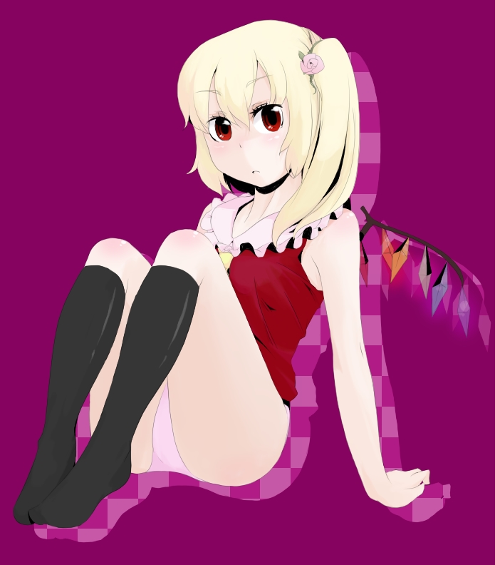 sacha, flandre scarlet, touhou, 1girl, blonde hair, female focus, full body, hair between eyes, kneehighs, panties, ponytail, purple background, short hair, simple background, socks, solo, underwear, wings