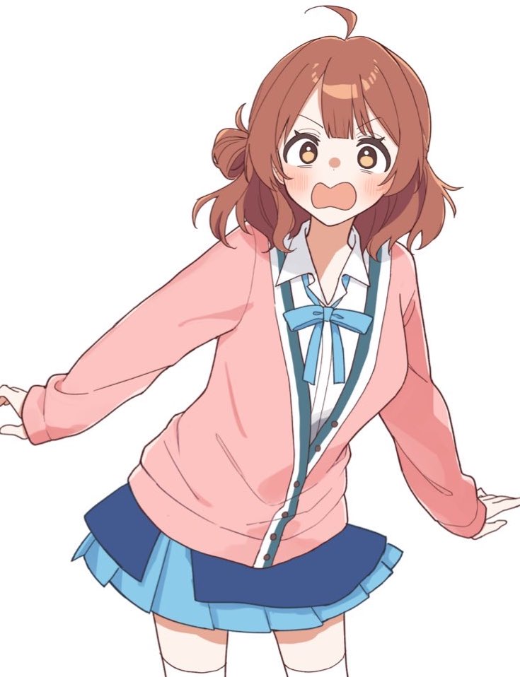 kanohara (63xmrr), hanami ume, gakuen idolmaster, idolmaster, commentary request, 1girl, ahoge, blue overskirt, blue ribbon, blue skirt, blush, breasts, brown eyes, brown hair, cardigan, collared shirt, cowboy shot, double-parted bangs, hair rings, hatsuboshi gakuen school uniform, leaning forward, long sleeves, medium breasts, medium hair, miniskirt, neck ribbon, open mouth, overskirt, parted bangs, pink cardigan, pleated skirt, ribbon, school uniform, shirt, side up ring, simple background, single hair ring, skirt, solo, standing, surprised, thighhighs, white background, white shirt, white thighhighs, wide-eyed
