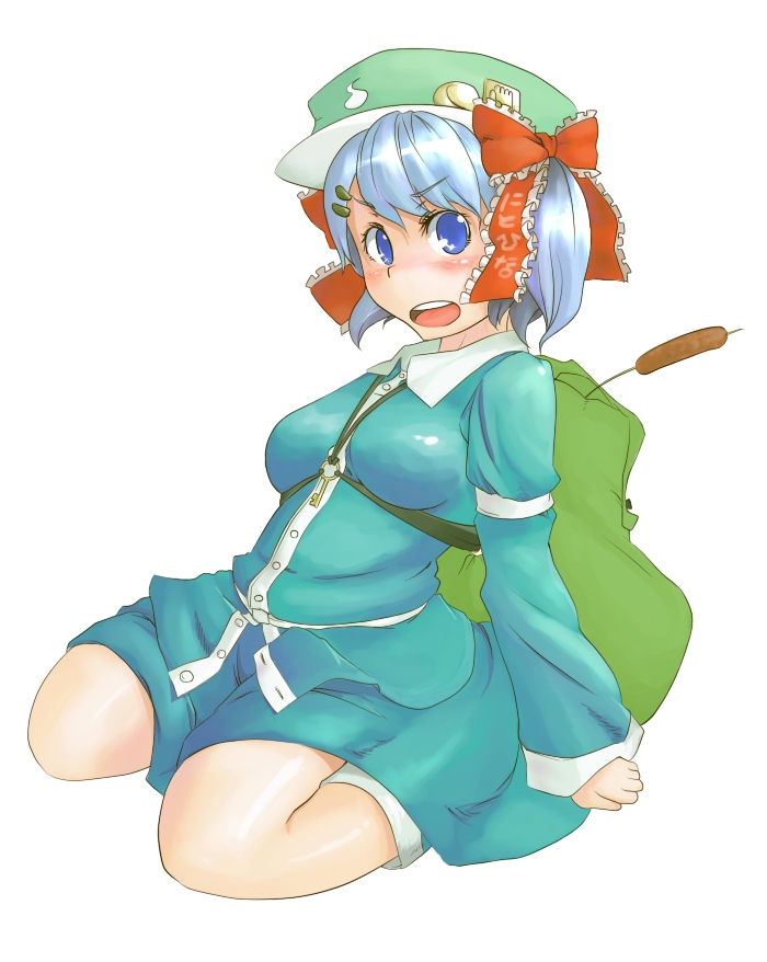 sacha, kawashiro nitori, touhou, 1girl, backpack, bag, baseball cap, blue eyes, blue hair, blush, bow, cattail, female focus, frills, hair bow, hair ornament, hairpin, hat, key, matching hair/eyes, open mouth, plant, short hair, short twintails, simple background, solo, twintails, two side up