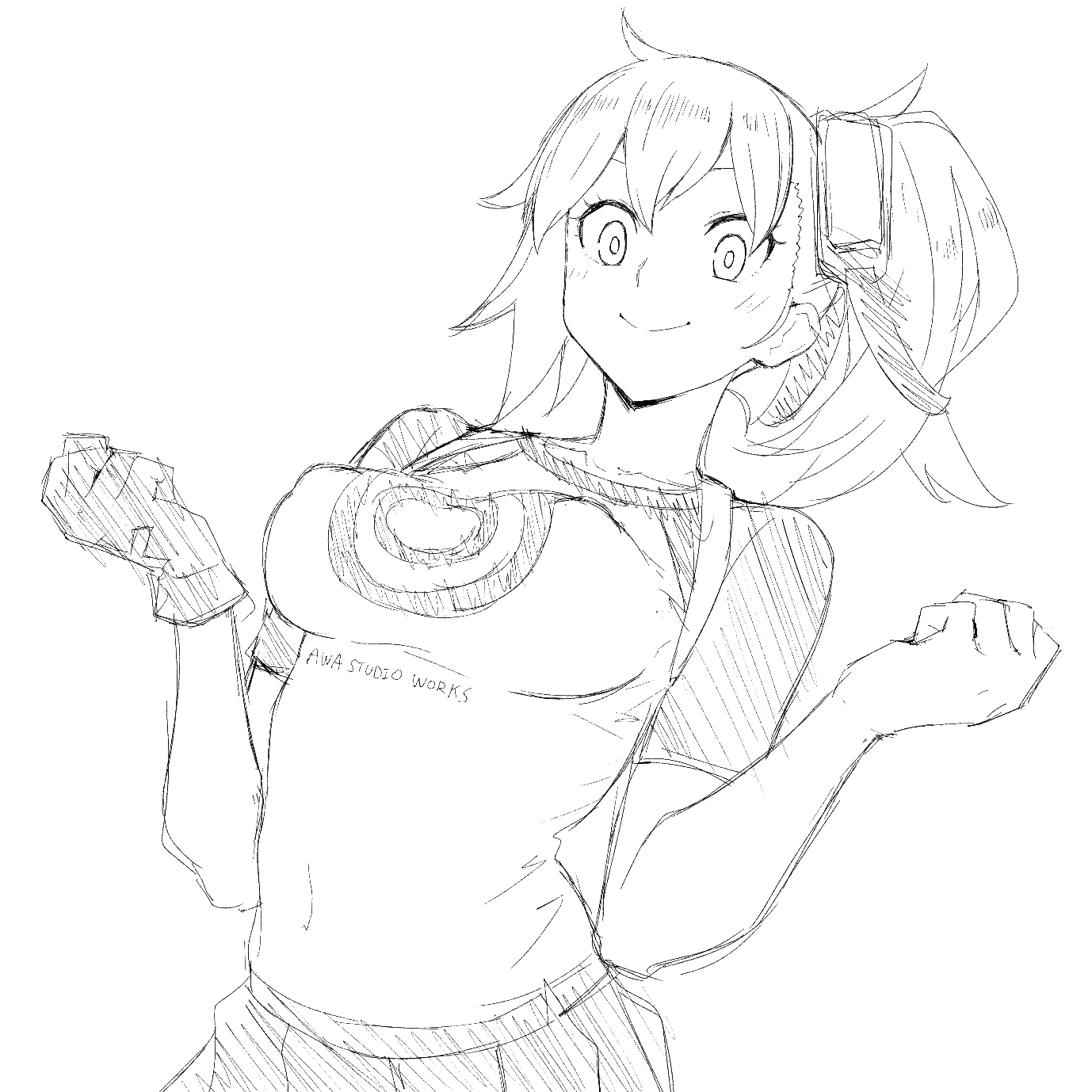 kp944113, aiba ami, digimon, digimon story: cyber sleuth, highres, 1girl, breasts, collarbone, covered erect nipples, gloves, greyscale, large breasts, monochrome, pleated skirt, print shirt, shirt, side ponytail, simple background, single glove, sketch, skirt, solo, upper body, white background