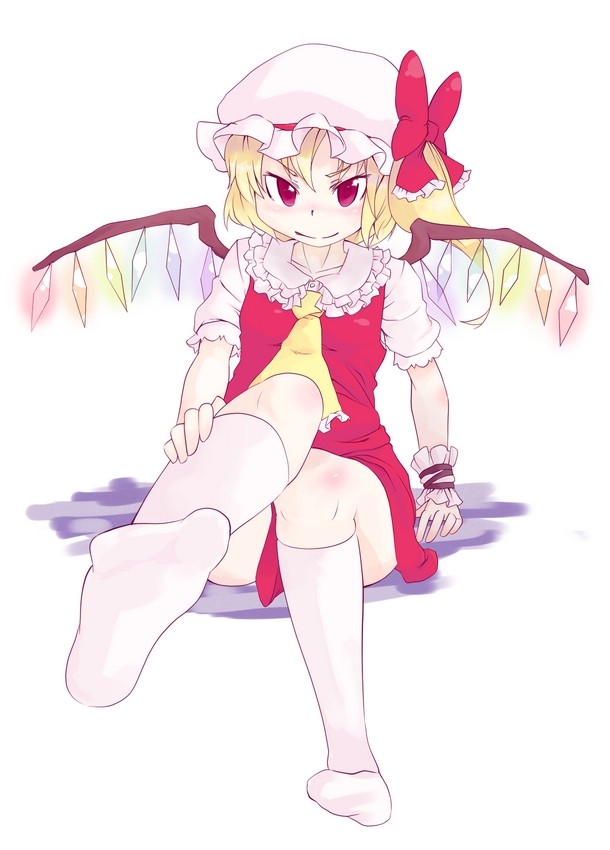 sacha, flandre scarlet, touhou, 1girl, bad anatomy, bad feet, female focus, hat, kneehighs, mob cap, ponytail, poorly drawn, ribbon, short hair, socks, solo, white hat, wings