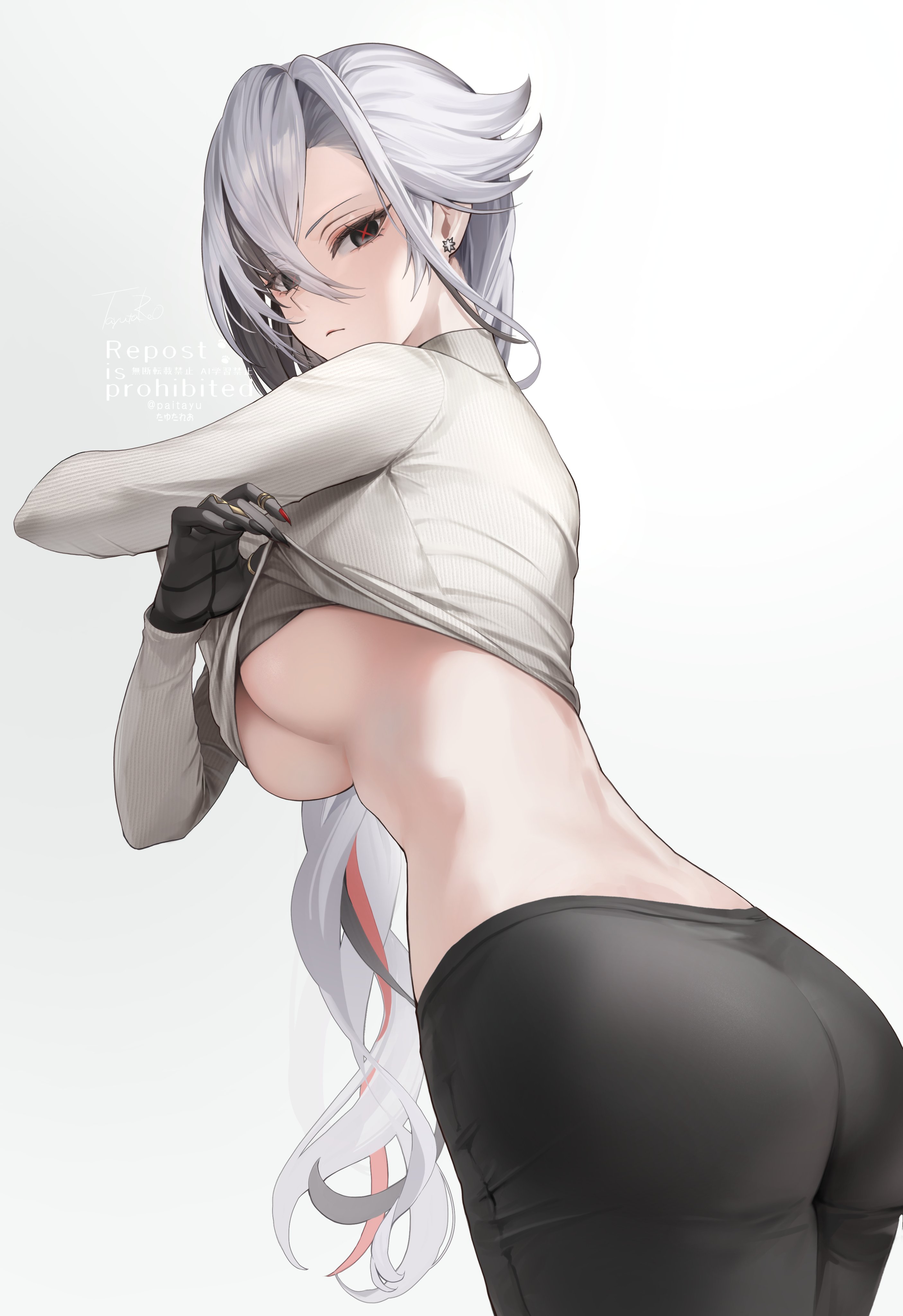 pi tayuko, arlecchino (genshin impact), genshin impact, absurdres, highres, 1girl, ass, black eyes, black hair, black hands, black nails, black pants, breasts, clothes lift, colored extremities, earrings, from side, grey hair, jewelry, large breasts, lifting own clothes, long hair, looking at viewer, multicolored hair, pants, red nails, red pupils, shirt lift, simple background, solo, streaked hair, symbol-shaped pupils, two-tone hair, underboob, undressing, x-shaped pupils