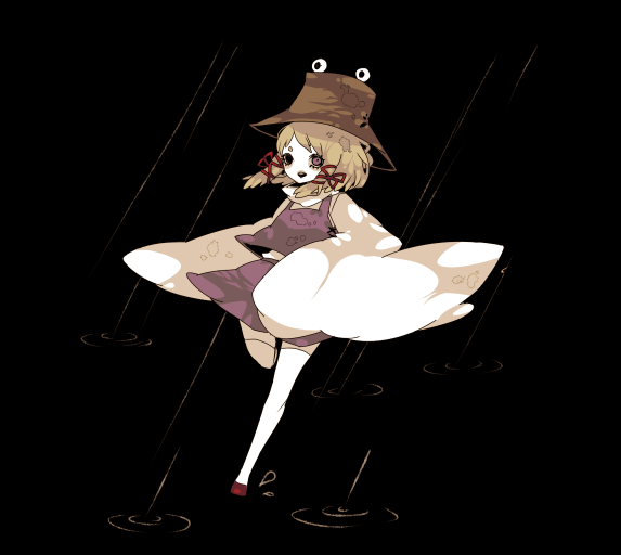 shikimi (yurakuru), moriya suwako, touhou, 1girl, blonde hair, dark, female focus, frog, full body, hat, outdoors, ribbon, short hair, skirt, solo, thighhighs, yurakuru pixiv81607