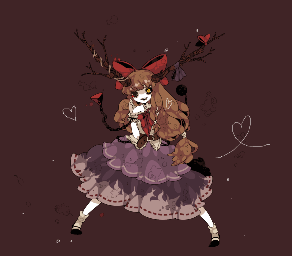 shikimi (yurakuru), ibuki suika, touhou, 1girl, brown hair, chain, female focus, full body, horns, long hair, ribbon, solo, standing, yurakuru pixiv81607
