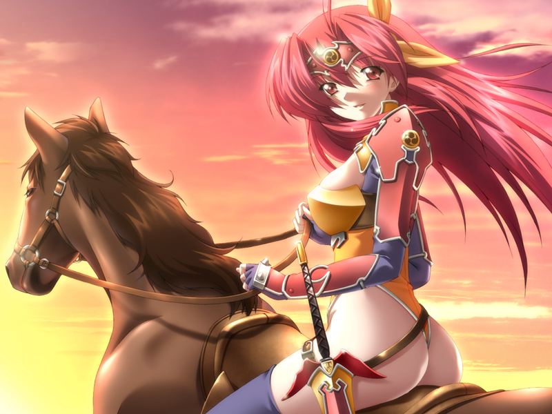 kazuma muramasa, raidy, ikazuchi no senshi raidy, zyx, game cg, 1girl, ass, circlet, female focus, horse, leotard, long hair, panties, red eyes, red hair, solo, sword, thighhighs, thong leotard, underwear, weapon