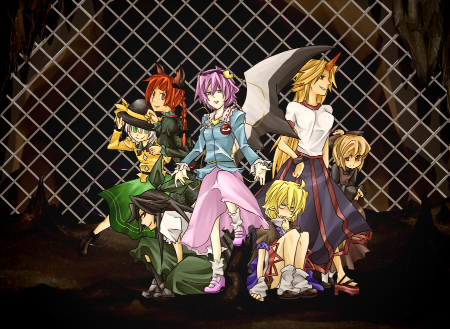 rui (hershe), ruiyuzawa, hoshiguma yuugi, kaenbyou rin, komeiji koishi, komeiji satori, kurodani yamame, mizuhashi parsee, reiuji utsuho, subterranean animism, touhou, 6+girls, black hair, blonde hair, female focus, hat, horns, multiple girls, pink hair, single horn, third eye, wings