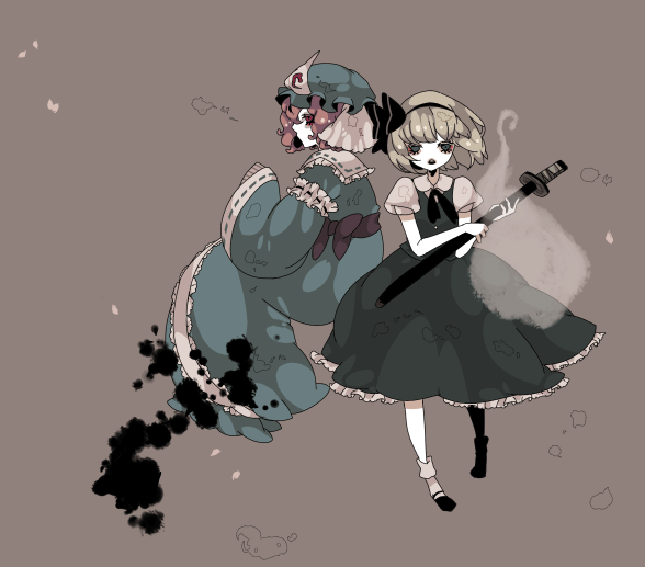 shikimi (yurakuru), konpaku youmu, konpaku youmu (ghost), saigyouji yuyuko, touhou, silver hair, 2girls, blue eyes, female focus, hairband, hat, hitodama, japanese clothes, katana, kimono, multiple girls, pink hair, red eyes, ribbon, sheath, sheathed, short hair, sword, weapon, yurakuru pixiv81607