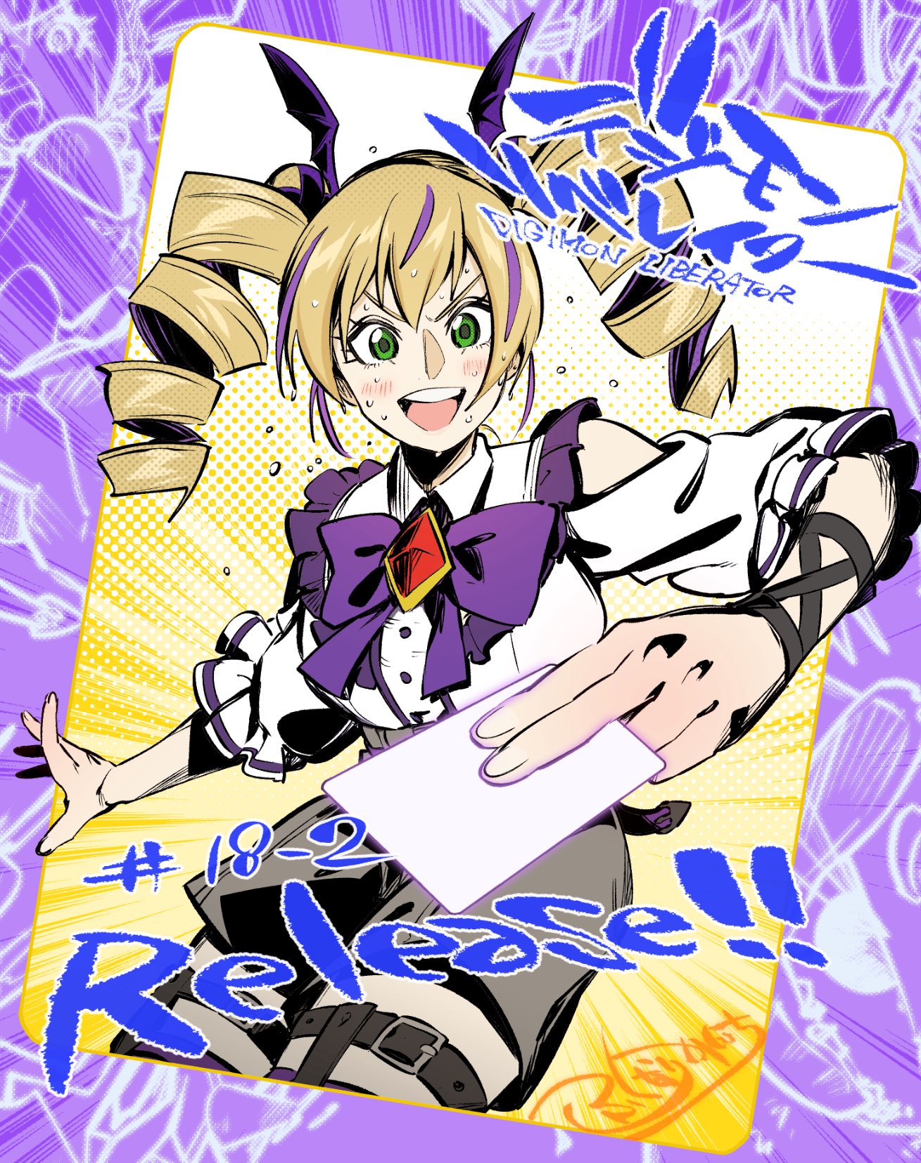fukunari kanchi, violet inboots, digimon, digimon card game, digimon liberator, highres, 1girl, bare shoulders, blonde hair, border, breasts, card, chapter number, clothing cutout, copyright name, drill hair, green eyes, grey shorts, holding, holding card, large breasts, multicolored hair, purple border, purple hair, release celebration, shirt, shorts, shoulder cutout, signature, simple background, solo, twin drills, two-tone hair, white background, white shirt, yellow background