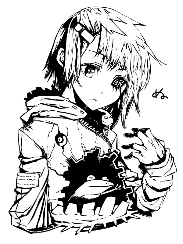 kahadu (kawazu), original, bad id, bad pixiv id, 1girl, bizarre, eye socket, female focus, frog, greyscale, hair ornament, hairclip, monochrome, short hair, solo, surreal
