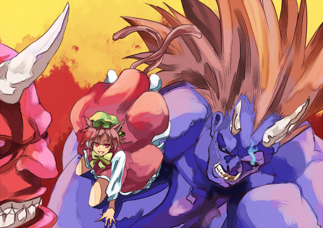 shibasaki shouji, chen, touhou, bad id, bad pixiv id, 1girl, animal ears, blue eyes, blue oni, brown hair, cat ears, cat girl, cat tail, earrings, female focus, glowing, glowing eyes, hat, horns, jewelry, multiple tails, oni, red eyes, red oni, ribbon, short hair, solo, tail