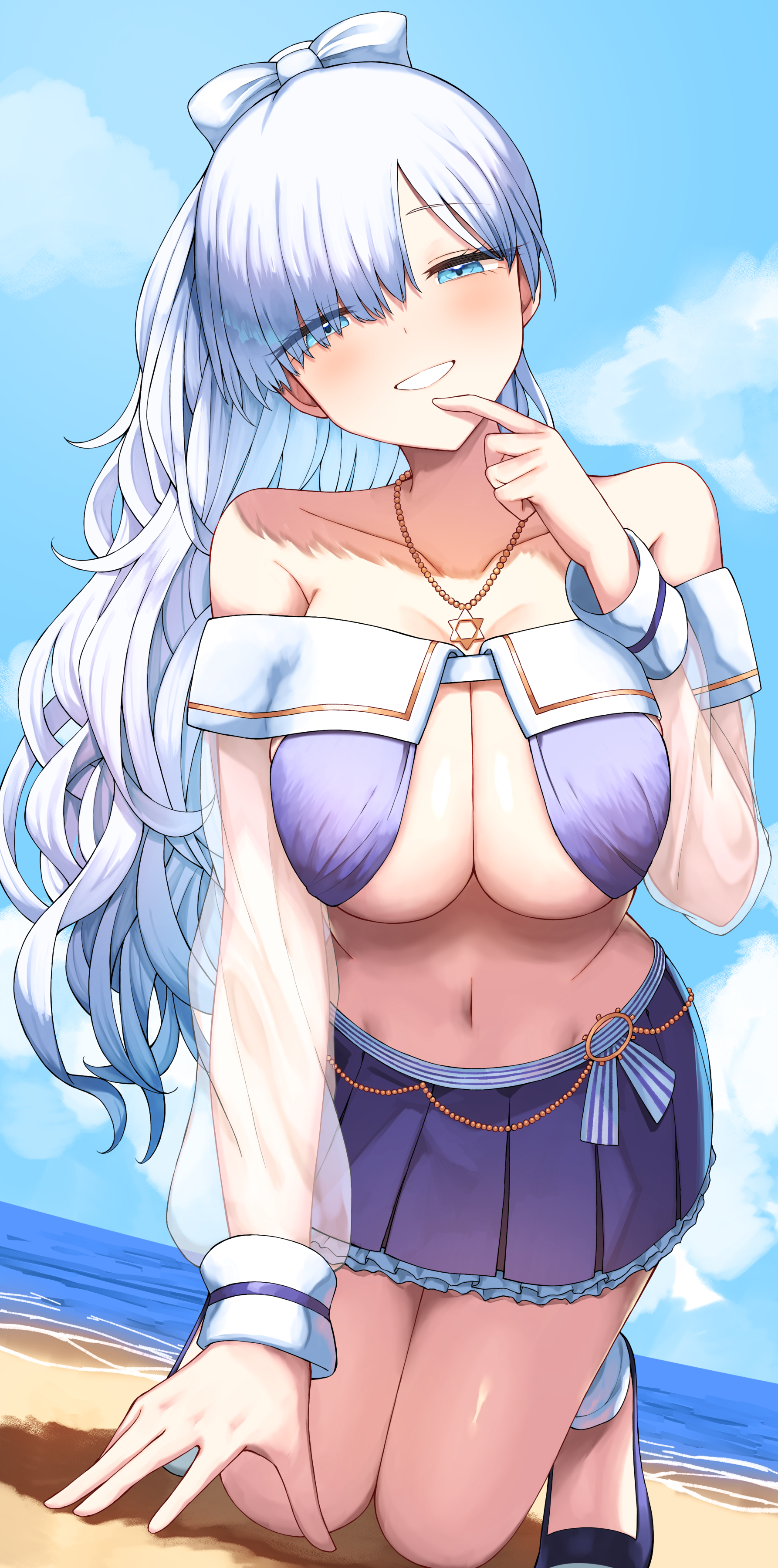 yamato (muchuu paradigm), anastasia (fate), anastasia (swimsuit archer) (third ascension) (fate), fate/grand order, fate (series), absurdres, highres, 1girl, bare shoulders, beach, bikini, blue bikini, blue eyes, blue skirt, blue sky, blush, bow, breasts, cleavage, grin, hair bow, hair over one eye, jewelry, kneeling, large breasts, long hair, long sleeves, looking at viewer, miniskirt, navel, necklace, ponytail, puffy long sleeves, puffy sleeves, sandals, shore, skirt, sky, smile, solo, swimsuit, thighs, very long hair, white hair