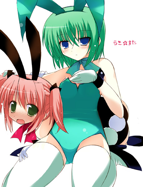 iwasaki minami, kobayakawa yutaka, lucky star, non-web source, 00s, animal ears, blue eyes, fake animal ears, gloves, green eyes, green hair, kneeling, pink hair, playboy bunny, rabbit ears, short hair, thighhighs, twintails