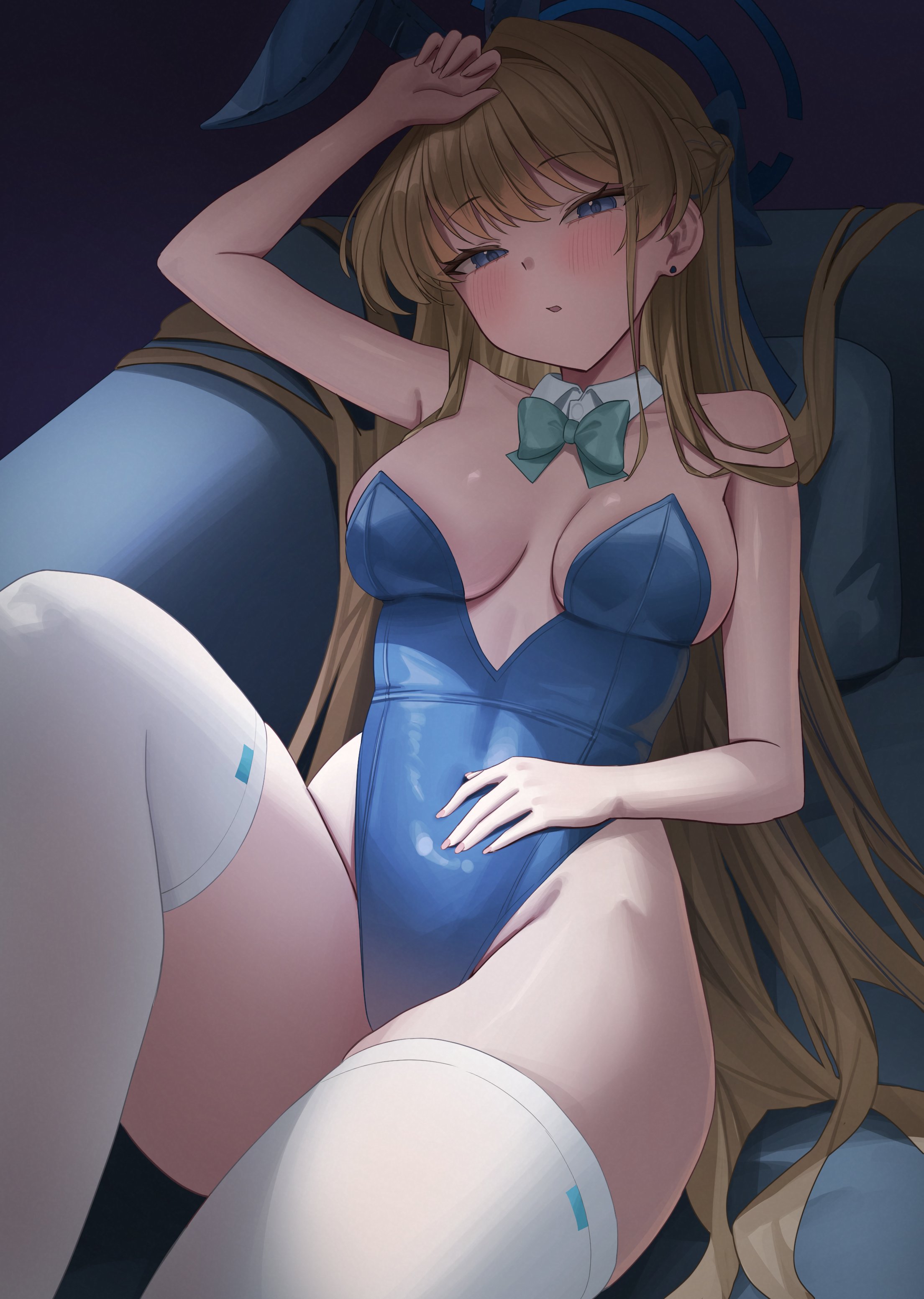 fast owl, toki (blue archive), toki (bunny) (blue archive), blue archive, absurdres, commentary, highres, symbol-only commentary, 1girl, animal ears, bare arms, bare shoulders, blonde hair, blue eyes, blue halo, blue leotard, blush, bow, bowtie, breasts, detached collar, earrings, fake animal ears, halo, jewelry, large breasts, leotard, long hair, looking at viewer, lying, official alternate costume, on back, parted lips, playboy bunny, rabbit ears, solo, stud earrings, thighhighs, thighs, white thighhighs
