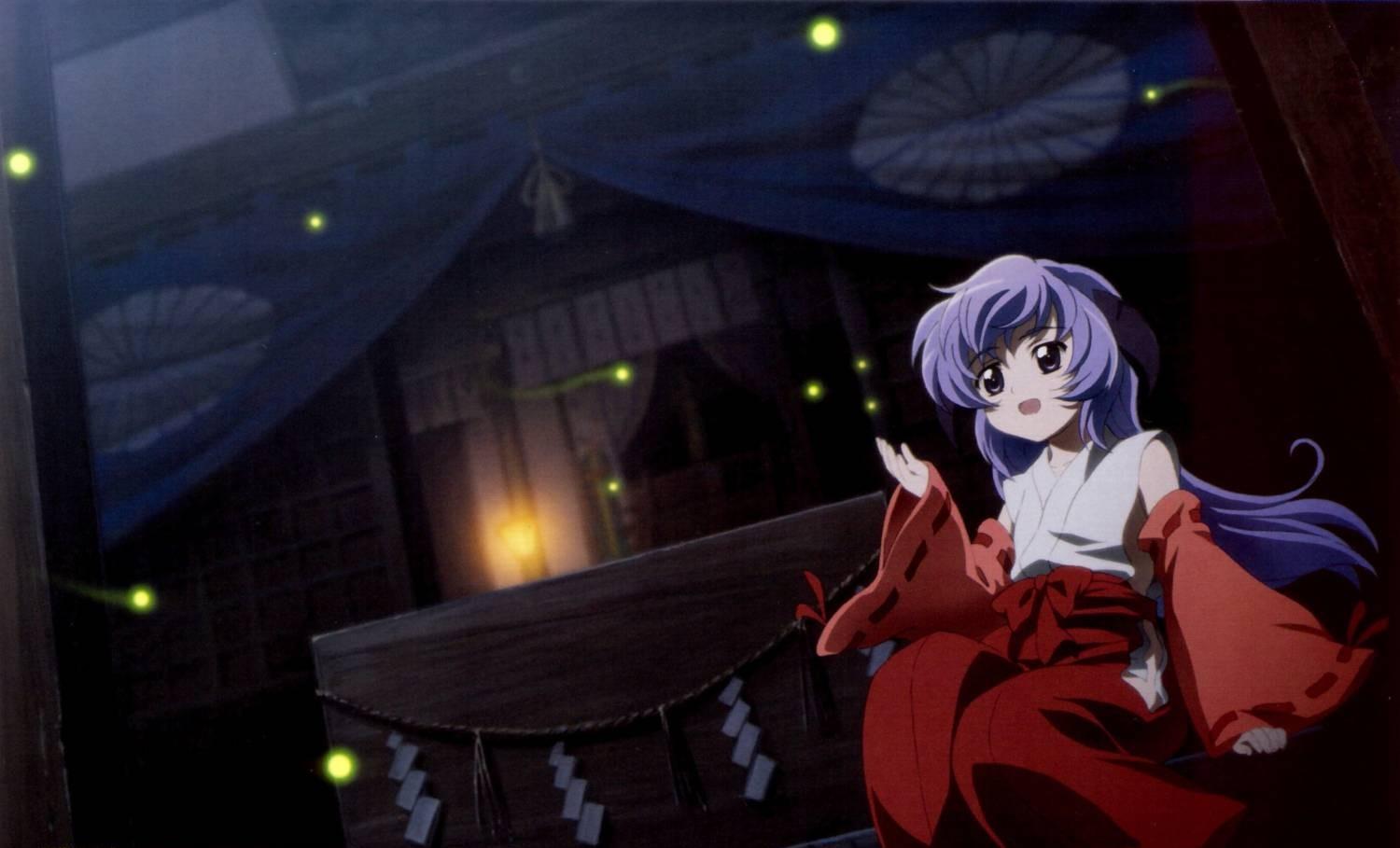 sakai kyuuta, hanyuu, higurashi no naku koro ni, non-web source, 00s, 1girl, :d, blurry, depth of field, detached sleeves, dutch angle, female focus, fireflies, hakama, hakama skirt, horns, japanese clothes, long hair, miko, night, open mouth, purple eyes, purple hair, red hakama, shide, shrine, sitting, skirt, smile, solo, wide sleeves