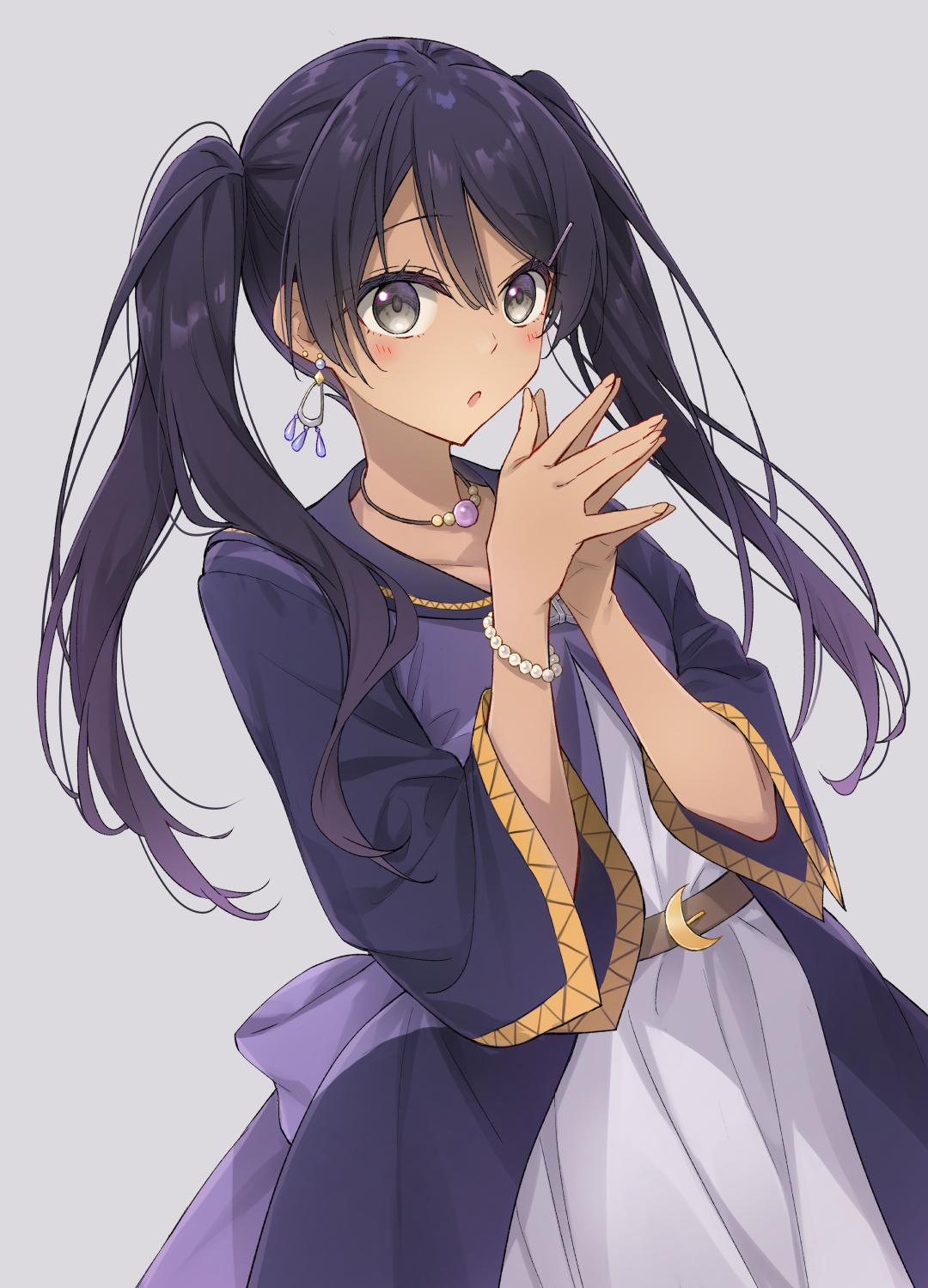 tsuke (maholabo), original, commentary, commission, highres, skeb commission, 1girl, belt, blush, bracelet, dark-skinned female, dark skin, dress, earrings, eyelashes, grey background, jewelry, long hair, looking at viewer, necklace, open mouth, own hands together, pearl bracelet, purple dress, purple hair, simple background, solo, twintails