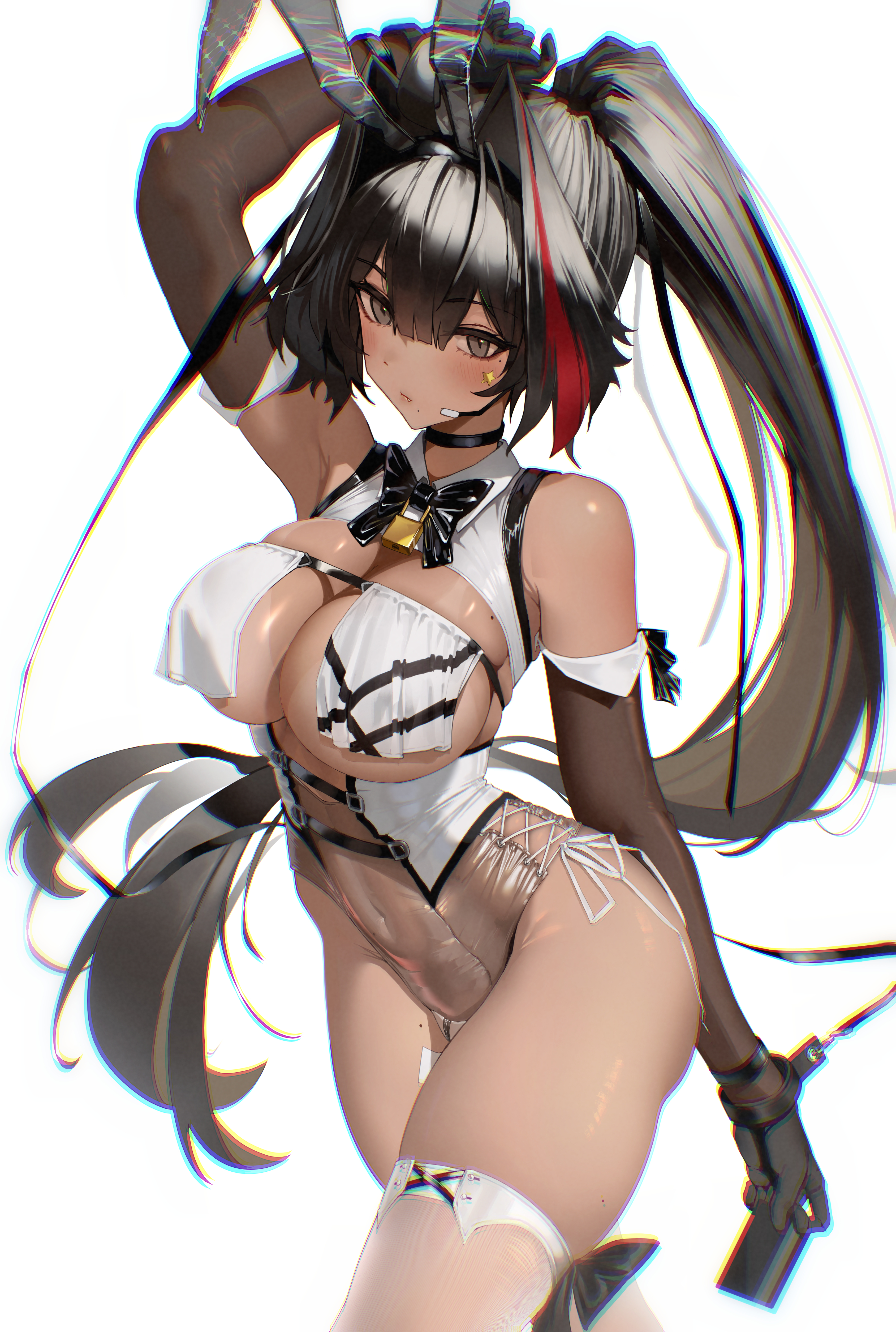 phoebe (user vvpf4584), bay (nikke), bay (radiant rabbit) (nikke), goddess of victory: nikke, absurdres, commentary, highres, 1girl, ahoge, animal ear hairband, animal ears, arm up, armpits, bandaid on thigh, bare shoulders, black bow, black bowtie, black hair, blush, bow, bowtie, breast curtains, breasts, cleavage, covered navel, criss-cross strings, dark-skinned female, dark skin, elbow gloves, fake animal ears, fang, gloves, grey eyes, hair between eyes, hair intakes, hairband, headset, holding, large breasts, leotard, lock, long hair, looking at viewer, mole, mole on breast, mole on stomach, mole on thigh, mole under eye, mole under mouth, multicolored hair, official alternate costume, padlock, playboy bunny, ponytail, rabbit ear hairband, rabbit ears, red hair, see-through clothes, see-through leotard, see-through thighhighs, side-tie leotard, simple background, skindentation, solo, star (symbol), star sticker, sticker, sticker on face, streaked hair, tan, tanline, thick thighs, thigh bow, thighhighs, thighs, underboob, very long hair, white background