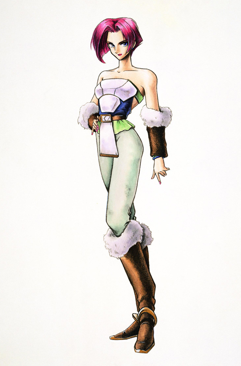 cara (legaia densetsu), legaia densetsu, fur, highres, official art, 1girl, anklet, bare shoulders, belt, blue eyes, bob cut, boots, bracelet, detached sleeves, elbow gloves, female focus, gloves, hand on own hip, hip focus, jewelry, knee boots, lipstick, loincloth, makeup, nail polish, pink hair, pink nails, short hair, simple background, smile, solo, standing, strapless, tube top
