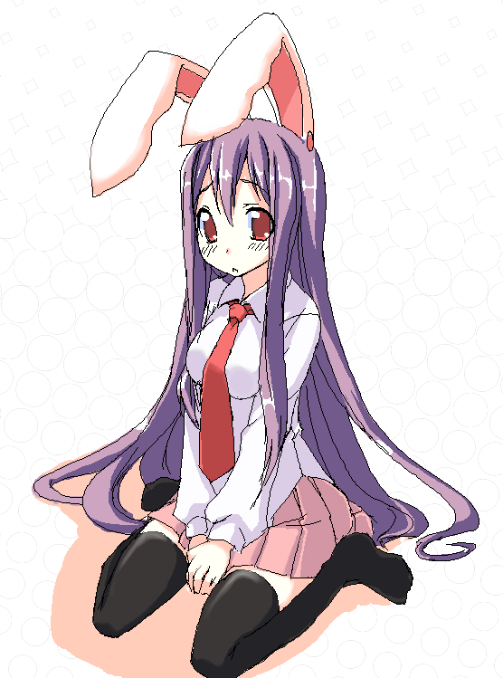 kaneru, reisen udongein inaba, touhou, 1girl, :o, animal ears, between legs, black thighhighs, blush, circle, collared shirt, female focus, full body, hand between legs, long hair, long sleeves, looking at viewer, miniskirt, necktie, no shoes, own hands together, pleated skirt, purple hair, rabbit ears, red eyes, red necktie, shirt, sitting, skirt, solo, thighhighs, very long hair, wariza, white shirt