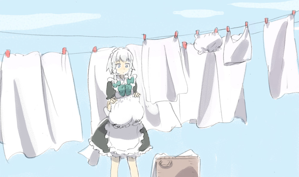 mokeo, izayoi sakuya, touhou, silver hair, 1girl, bloomers, braid, female focus, laundry, short hair, solo, twin braids, underwear