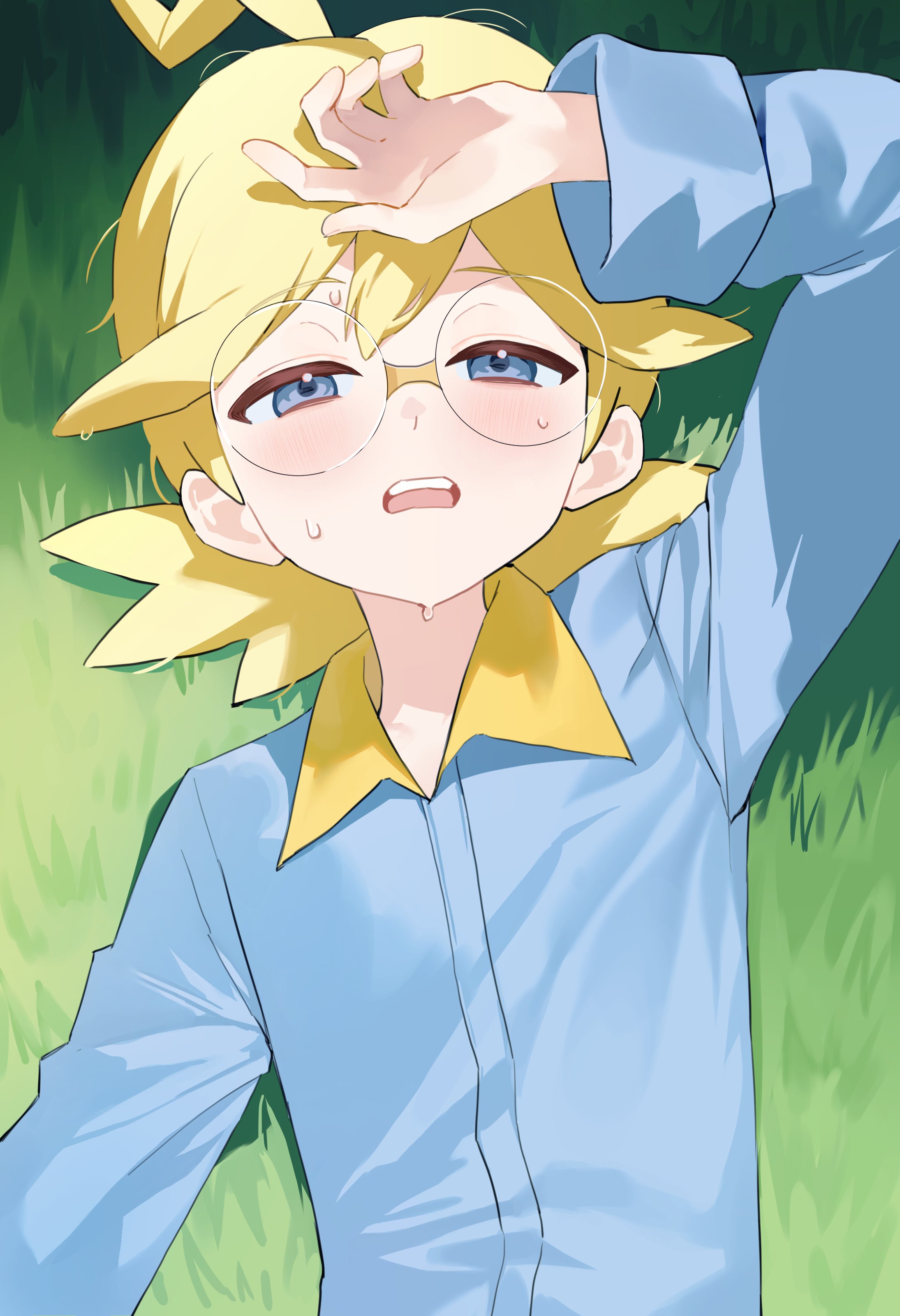 pokesudal, clemont (pokemon), nintendo, pokemon, pokemon xy, absurdres, commentary request, highres, korean commentary, 1boy, ahoge, arm up, blonde hair, blue eyes, blue jumpsuit, collared jumpsuit, day, glasses, grass, half-closed eyes, jumpsuit, long sleeves, male focus, medium hair, open mouth, outdoors, round eyewear, shadow, solo, sweat, teeth, upper body, upper teeth only
