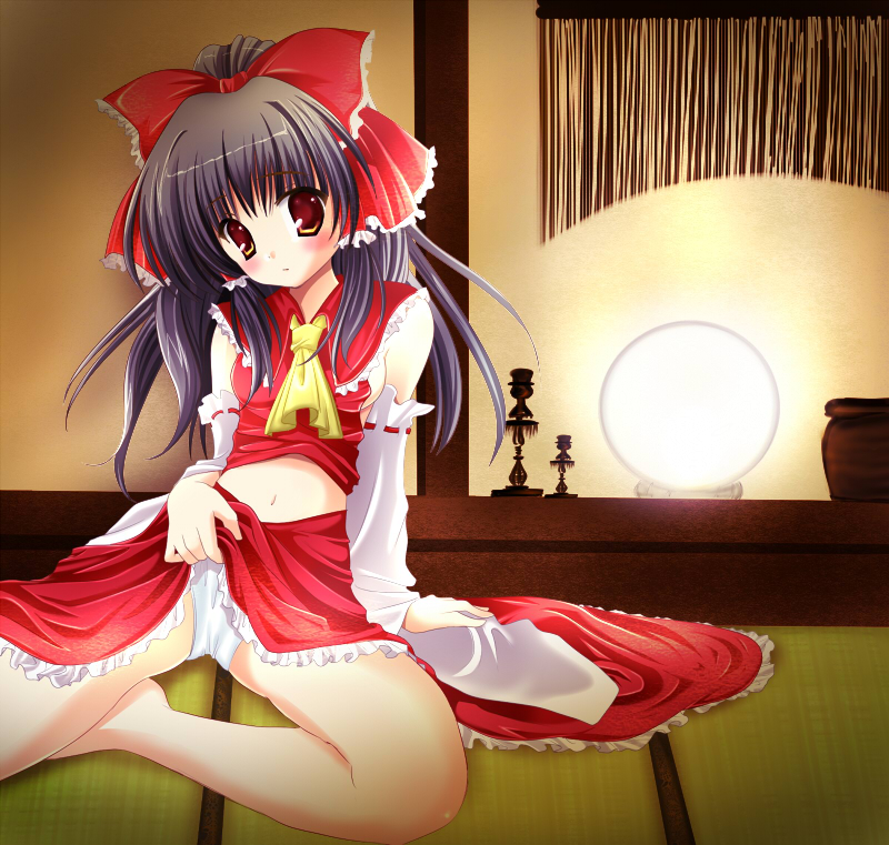 hakurei reimu, touhou, 1girl, clothes lift, detached sleeves, female focus, indoors, japanese clothes, panties, skirt, skirt lift, solo, underwear